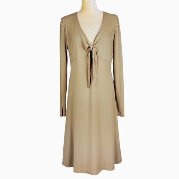 St. John Dresses & Skirts - St. John Tan Jersey Knit Long Sleeve Tie Neck Midi Dress